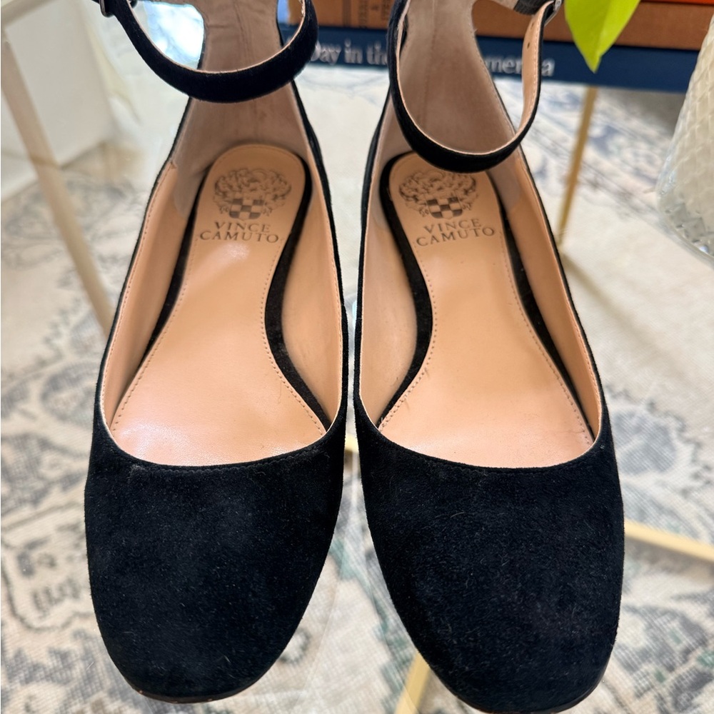 Vince Camuto Black Suede Ankle-Strap Round-Toe Pumps